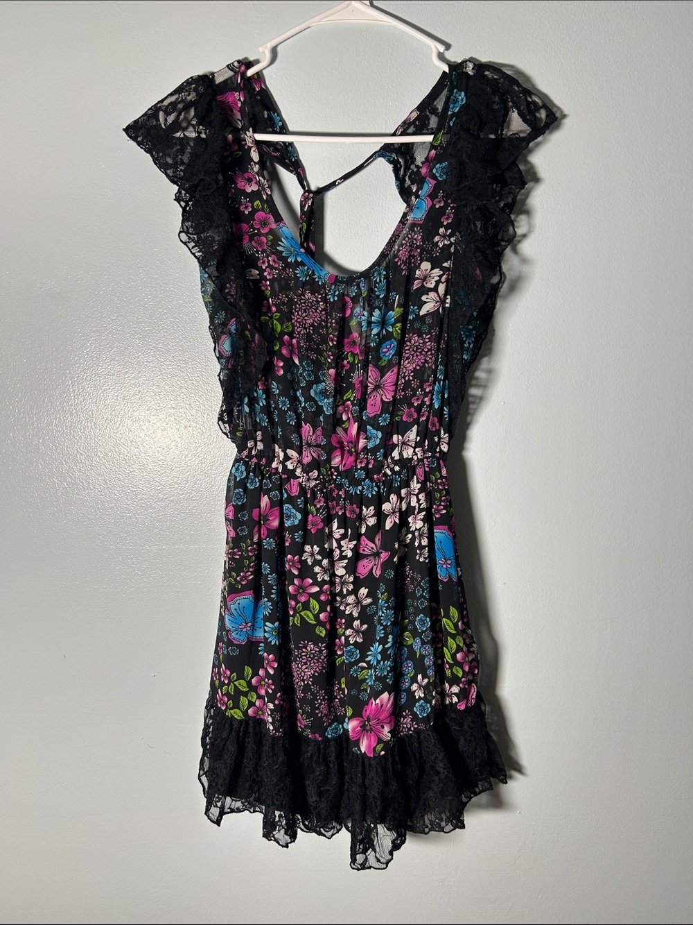 Y2K  Black Floral Lace-Trim Dress with Pink & Blue Accents